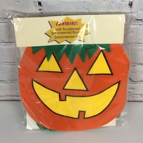 Pumpkin Bonnet & Bib Costume Halloween Party Theater Unisex Orange/Green/Yellow - Picture 2 of 7